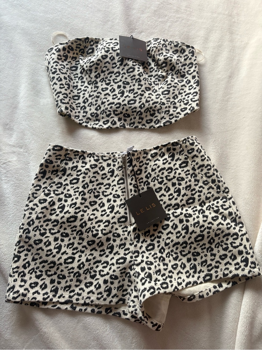Le Lis Cream and Black Leopard Tube Top & High-Waist Shorts Set NWT SZ SMALL